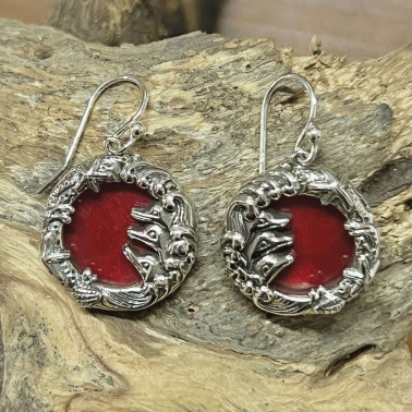 ER 15295 CR-(HANDMADE 925 BALI STERLING SILVER DOLPHIN  EARRINGS WITH CORAL)